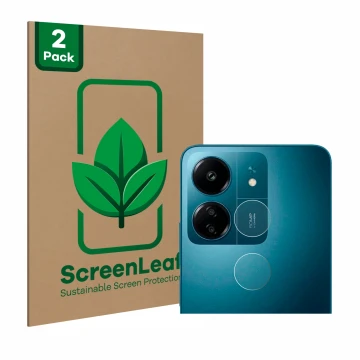 Face avant d’un emballage produit avec le logo de la marque ScreenLeaf. À côté, l’appareil Xiaomi Redmi 13C (Caméra UNIQUEMENT