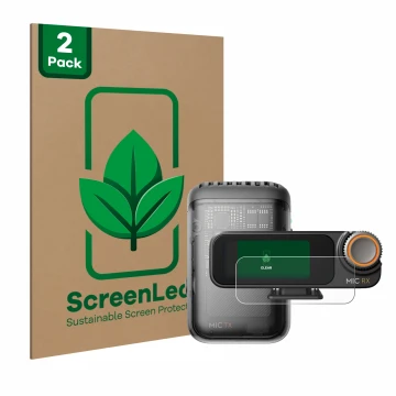 Face avant d’un emballage produit avec le logo de la marque ScreenLeaf. À côté, l’appareil DJI Mic 2 (Receiver) est représenté