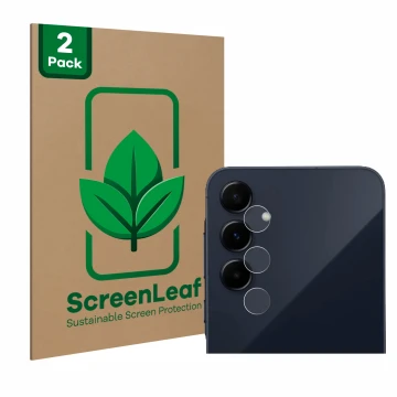 Face avant d’un emballage produit avec le logo de la marque ScreenLeaf. À côté, l’appareil Samsung Galaxy A55 5G (Caméra UNIQU