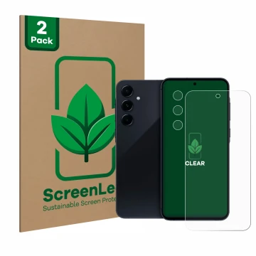 Face avant d’un emballage produit avec le logo de la marque ScreenLeaf. À côté, l’appareil Samsung Galaxy A55 5G (Avant+Caméra
