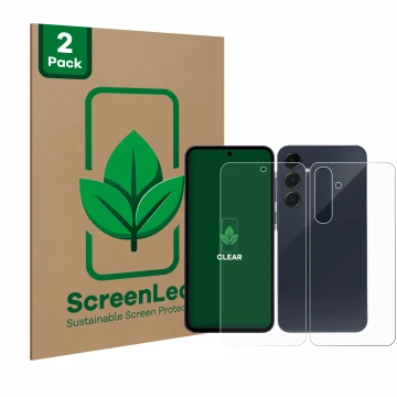 Face avant d’un emballage produit avec le logo de la marque ScreenLeaf. À côté, l’appareil Samsung Galaxy A55 5G (Avant+Arrièr