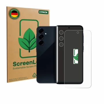 Face avant d’un emballage produit avec le logo de la marque ScreenLeaf. À côté, l’appareil Samsung Galaxy A35 5G (Avant+Caméra