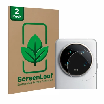 Face avant d’un emballage produit avec le logo de la marque ScreenLeaf. À côté, l’appareil Xiaomi 14 Ultra (Caméra UNIQUEMENT)