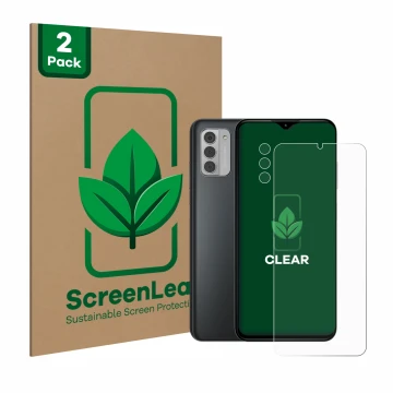 Face avant d’un emballage produit avec le logo de la marque ScreenLeaf. À côté, l’appareil Nokia G42 5G (Avant+Caméra) est rep