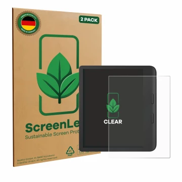 Face avant d’un emballage produit avec le logo de la marque ScreenLeaf. À côté, l’appareil Tolino Vision Color 2024 est représ