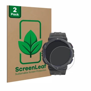 Face avant d’un emballage produit avec le logo de la marque ScreenLeaf. À côté, l’appareil Amazfit Active Edge est représenté 