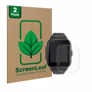 Face avant d’un emballage produit avec le logo de la marque ScreenLeaf. À côté, l’appareil Leotec Kids Allo Plus 4G est représ