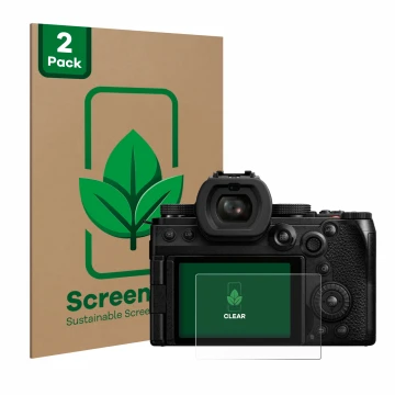 Face avant d’un emballage produit avec le logo de la marque ScreenLeaf. À côté, l’appareil Panasonic Lumix DC-S5II est représe