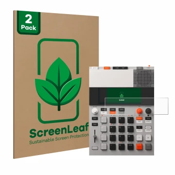 Face avant d’un emballage produit avec le logo de la marque ScreenLeaf. À côté, l’appareil Teenage Engineering EP-133 K.O. II 