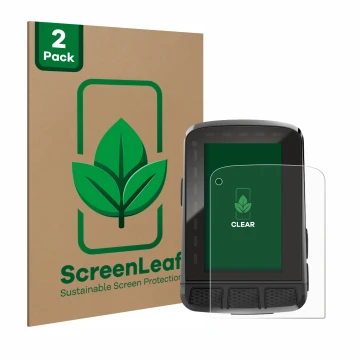 Face avant d’un emballage produit avec le logo de la marque ScreenLeaf. À côté, l’appareil Wahoo Elemnt Roam V2 GPS est représ