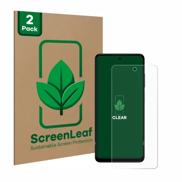 Face avant d’un emballage produit avec le logo de la marque ScreenLeaf. À côté, l’appareil HMD Pulse Pro est représenté avec l