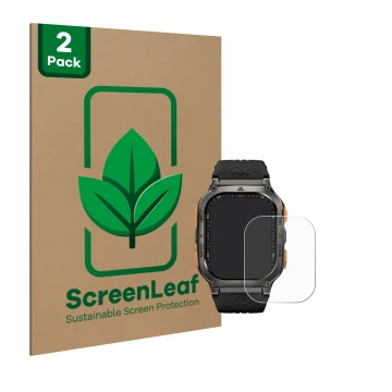 Face avant d’un emballage produit avec le logo de la marque ScreenLeaf. À côté, l’appareil Kospet Tank M3 Ultra est représenté