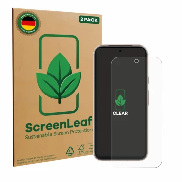 Face avant d’un emballage produit avec le logo de la marque ScreenLeaf. À côté, l’appareil Google Pixel 8a est représenté avec