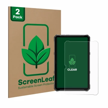 Face avant d’un emballage produit avec le logo de la marque ScreenLeaf. À côté, l’appareil Ulefone Armor Pad 3 Pro est représe