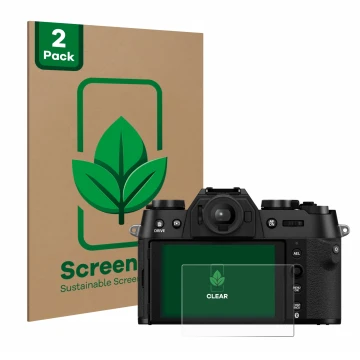 Face avant d’un emballage produit avec le logo de la marque ScreenLeaf. À côté, l’appareil Fujifilm X-T50 est représenté avec 