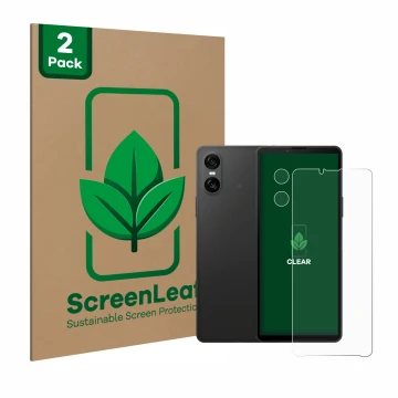 Face avant d’un emballage produit avec le logo de la marque ScreenLeaf. À côté, l’appareil Sony Xperia 10 VI (Avant+Caméra) es