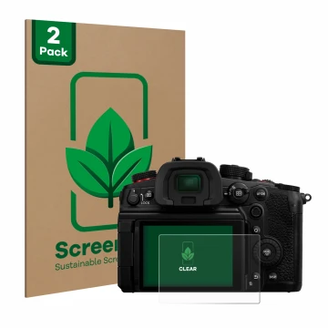 Face avant d’un emballage produit avec le logo de la marque ScreenLeaf. À côté, l’appareil Panasonic Lumix DC-GH7 est représen