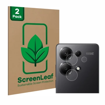 Face avant d’un emballage produit avec le logo de la marque ScreenLeaf. À côté, l’appareil Xiaomi Redmi Note 13 Pro 4G (Caméra