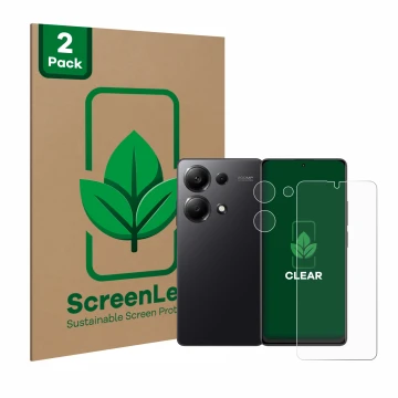 Face avant d’un emballage produit avec le logo de la marque ScreenLeaf. À côté, l’appareil Xiaomi Redmi Note 13 Pro 4G (Avant+