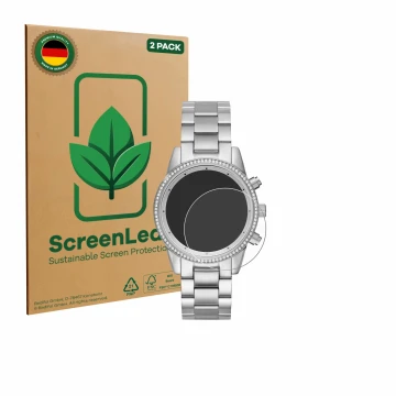 Face avant d’un emballage produit avec le logo de la marque ScreenLeaf. À côté, l’appareil Michael Kors Ritz MK6428 est représ