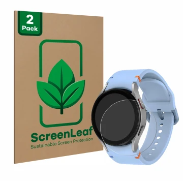 Face avant d’un emballage produit avec le logo de la marque ScreenLeaf. À côté, l’appareil Samsung Galaxy Watch FE est représe