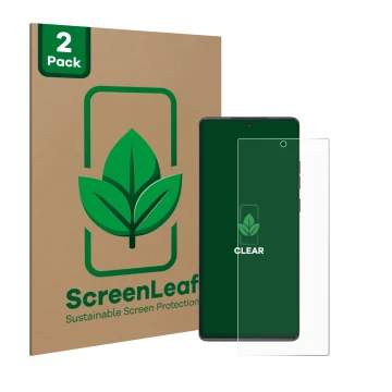 Face avant d’un emballage produit avec le logo de la marque ScreenLeaf. À côté, l’appareil Motorola Moto G85 est représenté av