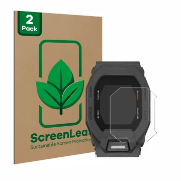 Face avant d’un emballage produit avec le logo de la marque ScreenLeaf. À côté, l’appareil Casio G-Shock GBD-200 est représent