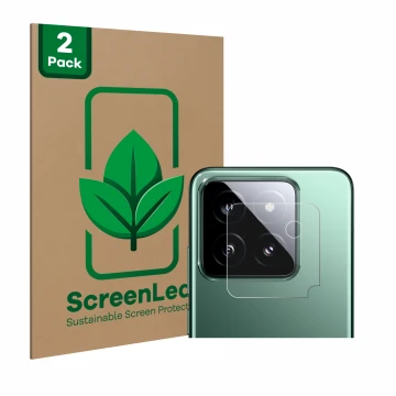 Face avant d’un emballage produit avec le logo de la marque ScreenLeaf. À côté, l’appareil Xiaomi 14 (Caméra UNIQUEMENT) est r