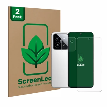 Face avant d’un emballage produit avec le logo de la marque ScreenLeaf. À côté, l’appareil Xiaomi 14 (Avant+Caméra) est représ