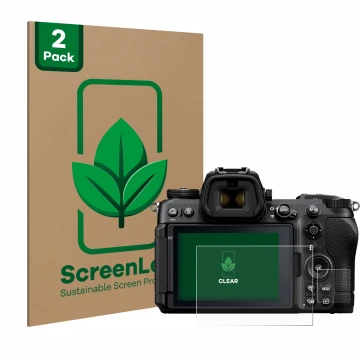 Face avant d’un emballage produit avec le logo de la marque ScreenLeaf. À côté, l’appareil Nikon Z6 III est représenté avec la