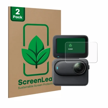 Face avant d’un emballage produit avec le logo de la marque ScreenLeaf. À côté, l’appareil Insta360 Go 3S est représenté avec 