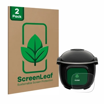 Face avant d’un emballage produit avec le logo de la marque ScreenLeaf. À côté, l’appareil Moulinex Cookeo Touch est représent