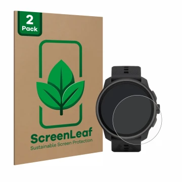 Face avant d’un emballage produit avec le logo de la marque ScreenLeaf. À côté, l’appareil Suunto Race S est représenté avec l