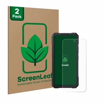 Face avant d’un emballage produit avec le logo de la marque ScreenLeaf. À côté, l’appareil Cubot King Kong X est représenté av