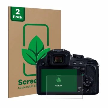 Face avant d’un emballage produit avec le logo de la marque ScreenLeaf. À côté, l’appareil Panasonic Lumix DC-FZ82D est représ