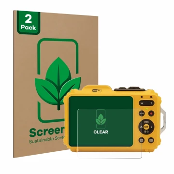 Face avant d’un emballage produit avec le logo de la marque ScreenLeaf. À côté, l’appareil Kodak Pixpro WPZ2 est représenté av