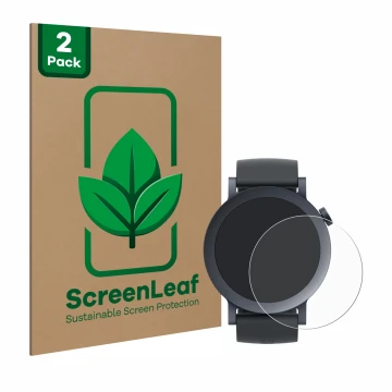 Face avant d’un emballage produit avec le logo de la marque ScreenLeaf. À côté, l’appareil Nothing CMF Watch Pro 2 est représe