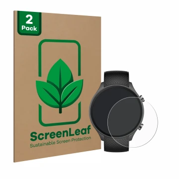 Face avant d’un emballage produit avec le logo de la marque ScreenLeaf. À côté, l’appareil OnePlus watch 2R est représenté ave