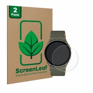 Face avant d’un emballage produit avec le logo de la marque ScreenLeaf. À côté, l’appareil Samsung Galaxy Watch 7 (40 mm) est 