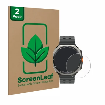 Face avant d’un emballage produit avec le logo de la marque ScreenLeaf. À côté, l’appareil Samsung Galaxy Watch Ultra (47 mm) 