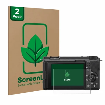 Face avant d’un emballage produit avec le logo de la marque ScreenLeaf. À côté, l’appareil Sony Alpha ZV-E10 II est représenté
