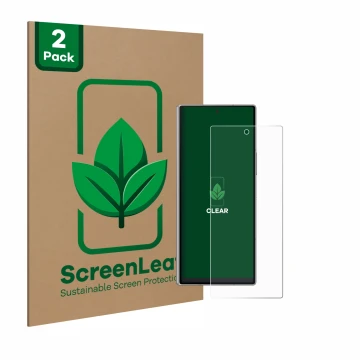 Face avant d’un emballage produit avec le logo de la marque ScreenLeaf. À côté, l’appareil Samsung Galaxy Z Fold 6 5G est repr