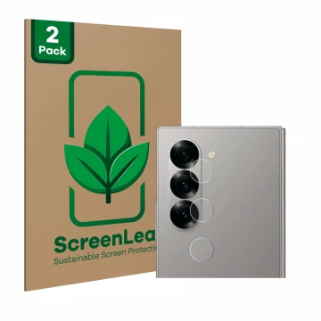 Face avant d’un emballage produit avec le logo de la marque ScreenLeaf. À côté, l’appareil Samsung Galaxy Z Fold 6 5G (Caméra 