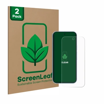 Face avant d’un emballage produit avec le logo de la marque ScreenLeaf. À côté, l’appareil Google Pixel 9 est représenté avec 