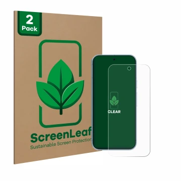 Face avant d’un emballage produit avec le logo de la marque ScreenLeaf. À côté, l’appareil Google Pixel 9 Pro est représenté a