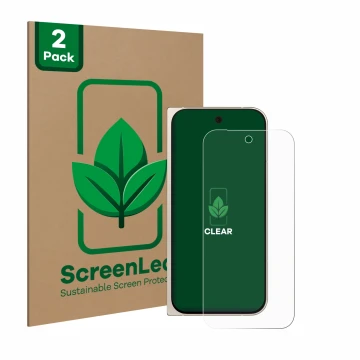 Face avant d’un emballage produit avec le logo de la marque ScreenLeaf. À côté, l’appareil Google Pixel 9 Pro Fold est représe