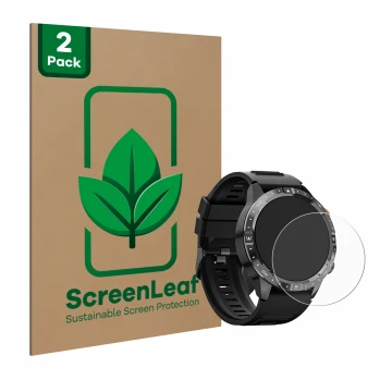 Face avant d’un emballage produit avec le logo de la marque ScreenLeaf. À côté, l’appareil Sanorum Smartwatch 1.43