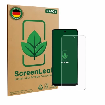 Face avant d’un emballage produit avec le logo de la marque ScreenLeaf. À côté, l’appareil Motorola G34 5G est représenté avec