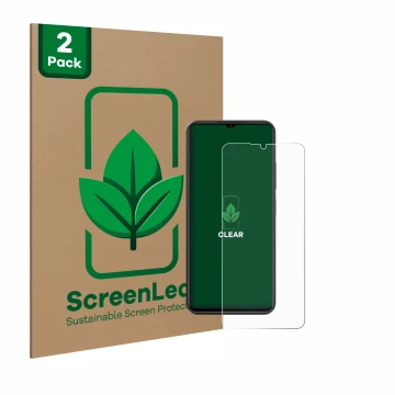 Face avant d’un emballage produit avec le logo de la marque ScreenLeaf. À côté, l’appareil ZTE Blade A54 est représenté avec l