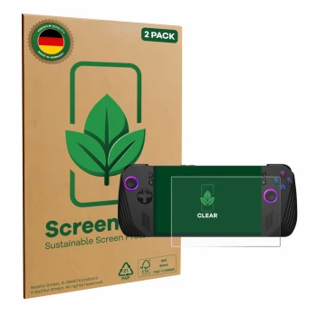 Face avant d’un emballage produit avec le logo de la marque ScreenLeaf. À côté, l’appareil ASUS ROG Ally X (2024) est représen
